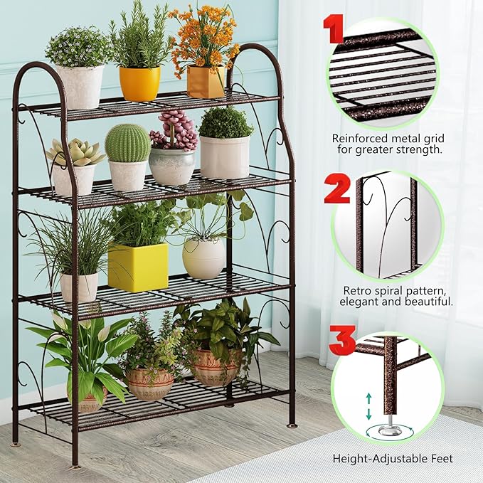 SORCEDAS Plant Stand Indoor Outdoor Plant Shelf 4 Tier Metal Corner Flower Stand Multiple Holder for Patio Garden Balcony Living Room ,Bronze
