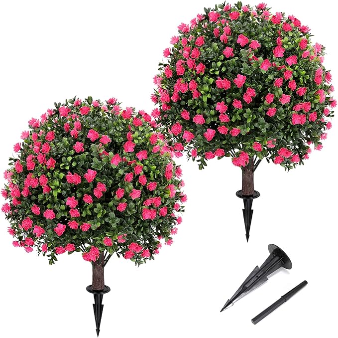 Artificial Pink camellia Topiary Ball Tree 25" with Ground Spike, Set of 2 Artificial Boxwood Bushes for Faux Shrubs, Fake Evergreen Faux Plant for Indoor Outdoor Garden -UV Resistant–Fade-Proof