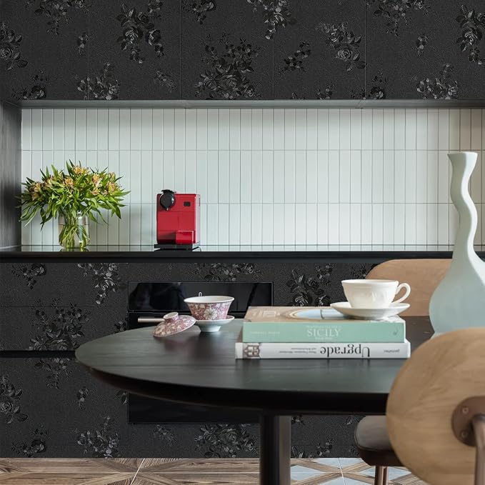 Black Peel and Stick Wallpaper 118inL 17.7inW Black Silk Embossed Floral - Image 2