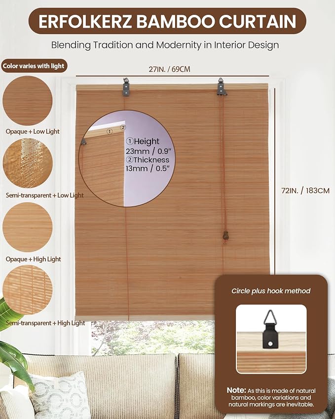 24" Wx72 H Bamboo Blinds Roller Shades - Image 2