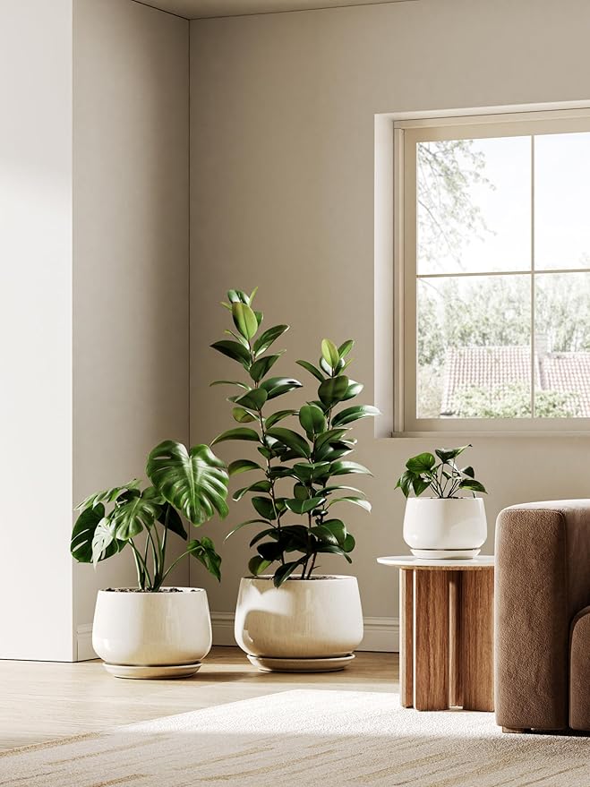 LE TAUCI Ceramic Planters, 12 Inch Pots for Plants, Indoor Plant Pots with Drainage Holes and Saucers, Modern Planters Fit Mid Century Plant Stand, Flower Pots for Indoor Plants, Reactive Glaze Beige