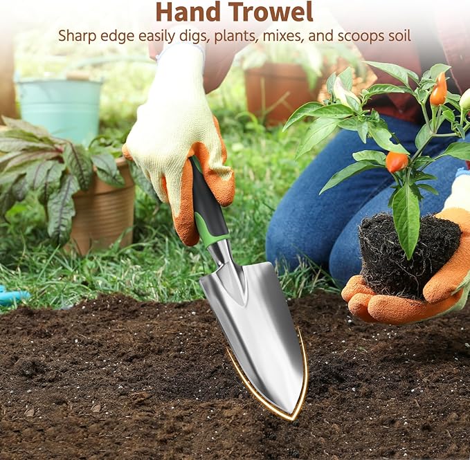 LASZOLA 3 Piece Garden Tool Set Include Hand Trowel Rake and Transplant Shovel for Women, Indoor Heavy Duty Small Spade Kit with Ergonomic Handle to Weed and Loosen, for Mom and Plant Beginner, Green