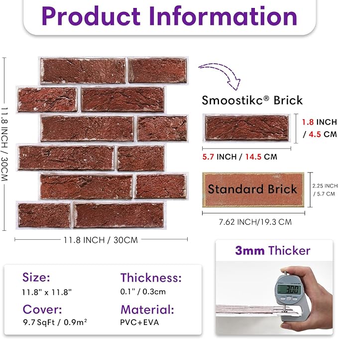 3D Peel and Stick Faux Brick Wall Panels 11.8" x 11.8" 10-Pack, Small - Image 6