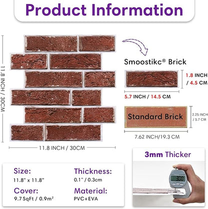 3D Peel and Stick Faux Brick Wall Panels 11.8" x 11.8" 10-Pack, Small - Image 6
