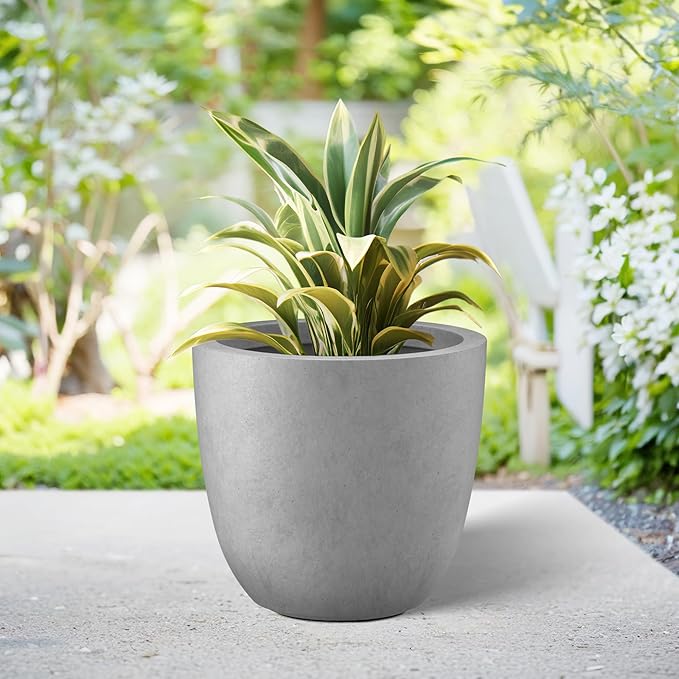 Kante 14 Inch Dia Round Concrete Planter, Indoor Outdoor Large Plant Pot with Drainage Hole and Rubber Plug for Home Patio Garden, Gray Concrete