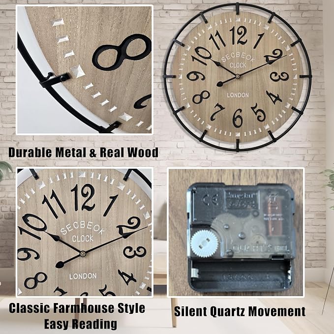 30 Inch Oversized Farmhouse Wall Clock, Metal Rustic Wood - Image 5