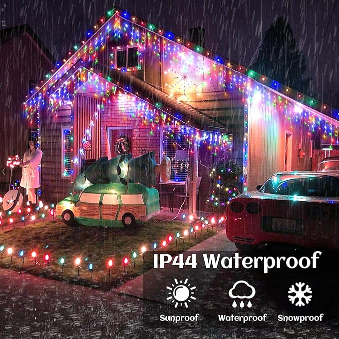 132 ft Christmas Lights -1280 LED Icicle Lights Outdoor with 240 Drops Hanging String Lights, 8 Modes Plug in Waterproof Timer Memory for Holiday Wedding Party Window Garden Decoration (Multicolor)