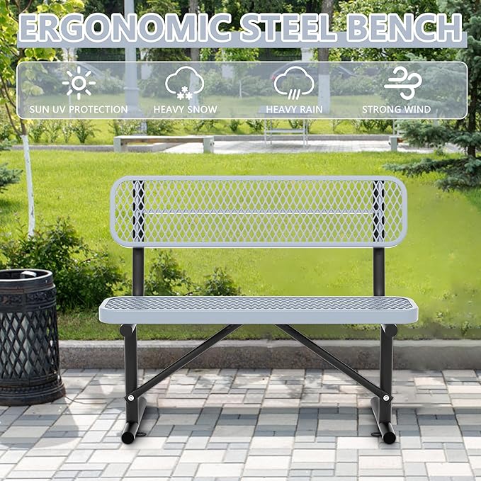 Heavy Duty Park Bench with Back Portable Frame, Outdoor Steel Bench with Backrest, Outdoor Park Bench Expanded Metal Mesh Bench for Lawn, Park, Deck, Garden, Patio, Porch, Black (Gray, 4FT)