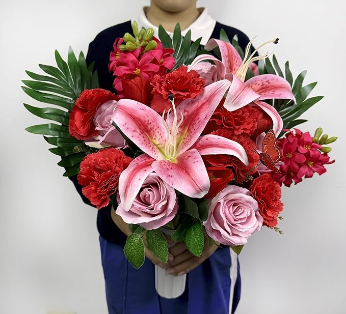 Handmade Cemetery Flowers with Vase for Grave Decor, Artificial Headstone Flower, Bright and Colorfast,Pink Rose Lily/Red Carnation