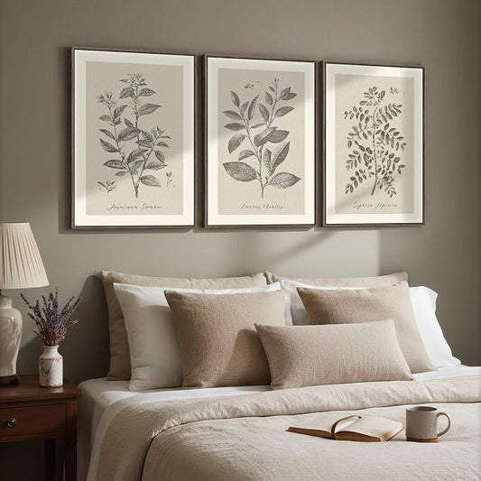 Framed Vintage Botanical Wall Art, 3 Piece Neutral Floral Plants Canvas - Image 2