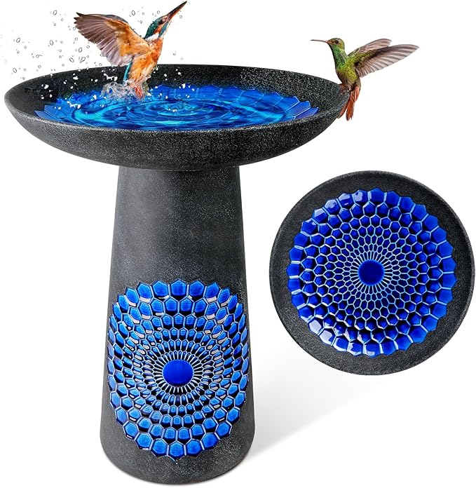 21.5'' Tall Ceramic Bird Bath for Outdoor, Heavy Duty - Cold-Weather Resistant Bird Bath, Garden and Patio Décor - Diamond Blue