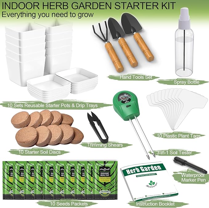 Herb Garden Kit Indoor Herb Garden Starter Kit - 10 Variety Herbs Kitchen Window Herb Garden Planter Indoor & Outdoor Growing Kit for Windowsill Countertop - Unique Gardening Gift for Women Men