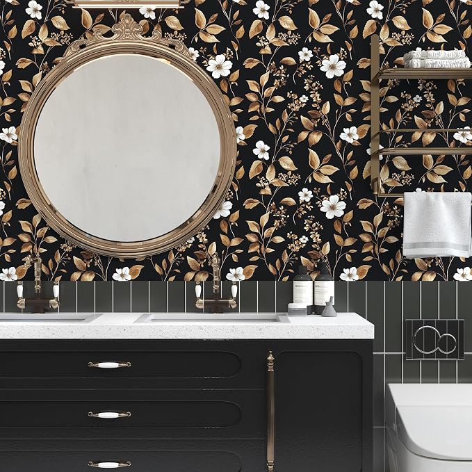 Extra Long Vintage Gold Wallpaper, 17.5" x 393" Classic Black and Gold Floral - Image 2