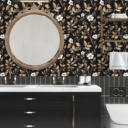 Extra Long Vintage Gold Wallpaper, 17.5" x 393" Classic Black and Gold Floral - Image 2