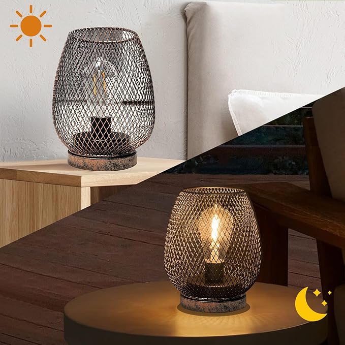 2 Pack Battery Operated Lamp Outdoor Table Lantern,Metal Cage Cordless Lamps with LED Bulb for Weddings Parties Patio Events Indoor Outdoor Patio Bedroom Living Room(Bronze)
