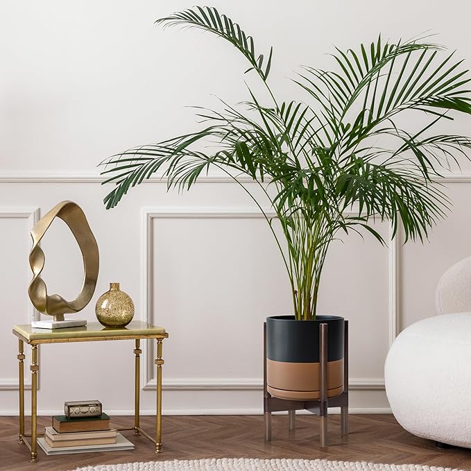 D'vine Dev Ceramic Planter with Walnut Color Stand - 10 Inch Modern Round Flower Pot with Wood Planter Holder, Black/Speckled Tan, 55-B-X-7