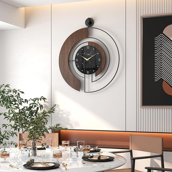 Modern Walnut Marble Dial Wall Clock, Large Wood Metal Frame Silent Non Ticking - Image 3