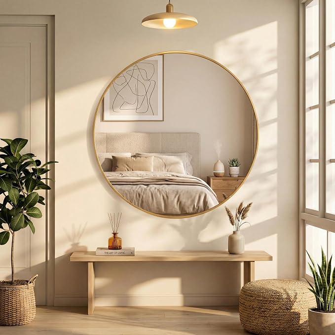 OLIXIS 28 Inch Gold Round Bathroom Wall Mirror, Round Bathroom Mirrors - Image 7