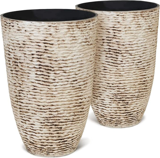 Worth 9 Gallon Tall Round Planters Set of 2-14" Dia x 21" H Stone Finish Flower Pots Indoor Decorative Container Garden Patio Unbreakable Beige