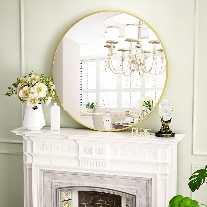 VooBang Round Mirror 36" Gold Wall Mounted Circle Mirrors Vanity Mirror by VooBang