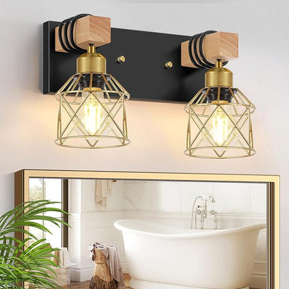 FadimiKoo Rustic Style Wood Bathroom Wall Sconces, 2-Light Black Gold Bathroom by FadimiKoo