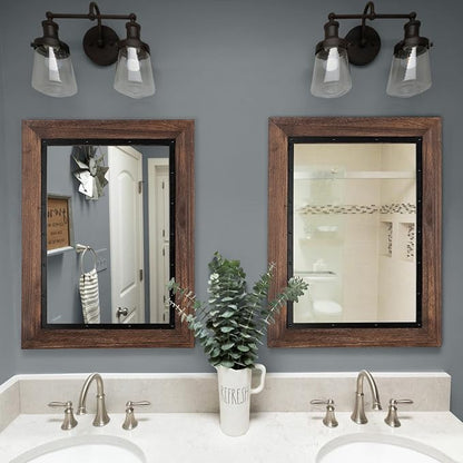 YOSHOOT Rustic Wooden Framed Wall Mirror, Natural Wood and Iron Bathroom Vanity - Image 3