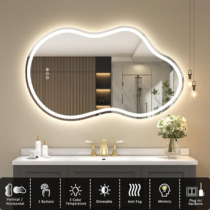 SMIROR Irregular Led Backlit Bathroom Mirror 60 x 32 inch, Asymmetrical Cloud - Image 3