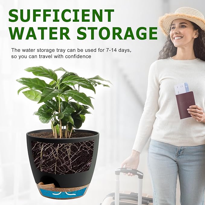 Plant Pots 10/9/8/7.5/7 Inch Self Watering Pots, Set of 5 Plastic Planters with Drainage Holes and Saucers,Plastic Flower Pots,Nursery Planting Pot for Indoor Out Door Plants(Black Brown)