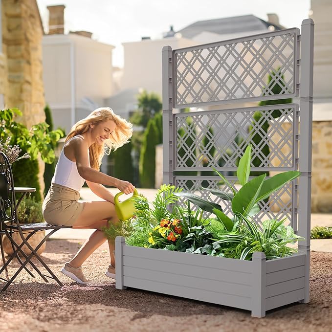 59.3in Planter Box Trellis, Large Outdoor Plastic Raised Garden Bed with Drain Plug for Climbing Plants(Gray,43.43 * 18.27 * 59.29)