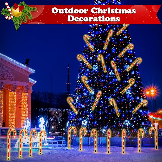 12 Pack Christmas Candy Cane Lights Outdoor Solar Pathway Lights Christmas Decorations Waterproof Driveway Walkway Markers Yard Garden Home Xmas Decor, 2-in-1 Rechargeable Solar Power