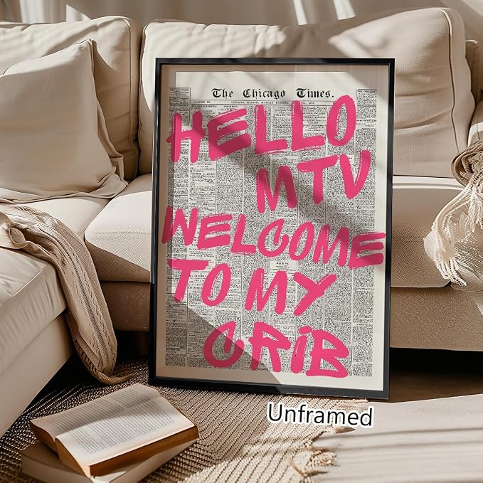 Enlaizhude Pink Hello MTV Welcome To My Crib Quote Poster, Vintage Black White - Image 6