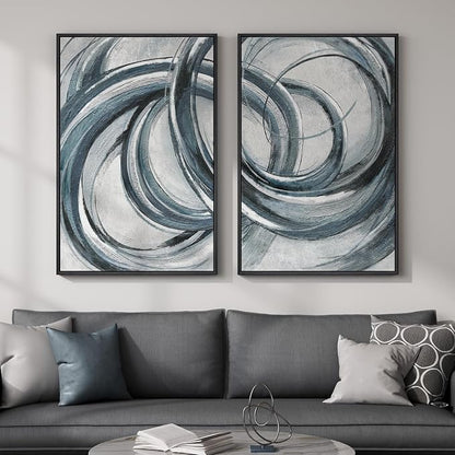 Framed Blue Gray Abstract Wall Art Set of 2, Modern Circle Line Canvas Artwork by MXART