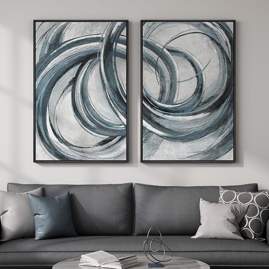 Framed Blue Gray Abstract Wall Art Set of 2, Modern Circle Line Canvas Artwork by MXART