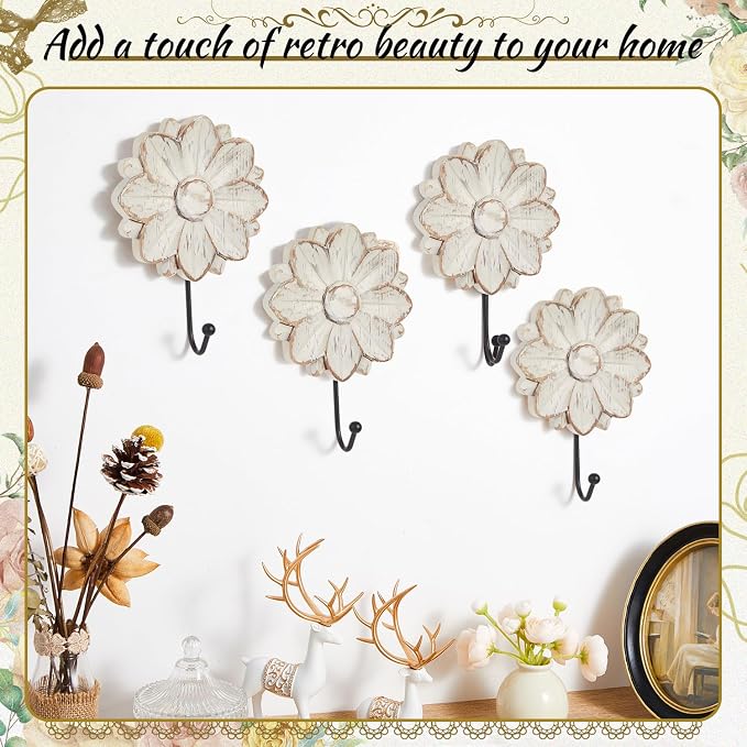 Weysat 4 Pcs Vintage Hooks for Wall Wood Farmhouse Towel Hooks Shabby Chic Wall - Image 6