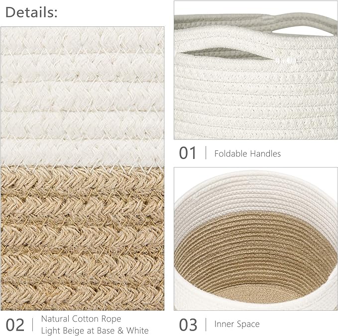 Dahey Small Cotton Rope Plant Basket Woven Plant Coiled Basket for Up to 7" Planter, Decorative Flower Pot Cover Closet Storage Bin Table Desk Organizer for Home Decor, White and Beige