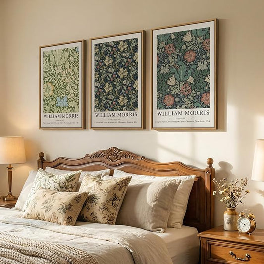 Large Framed William Morris Green Wall Art Set of 3, Vintage Floral Canvas - Image 2