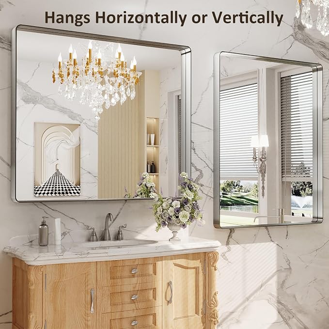 LOAAO 48x40 Inch Brushed Nickel Bathroom Mirror, Rounded Rectangle Silver Metal - Image 4