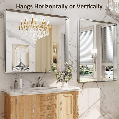 LOAAO 48x40 Inch Brushed Nickel Bathroom Mirror, Rounded Rectangle Silver Metal - Image 4