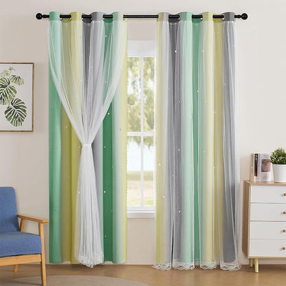 XiDi Curtains for Bedroom Decor, Rainbow GreenYellowGrey52/90/1 by Addsomecolortolife