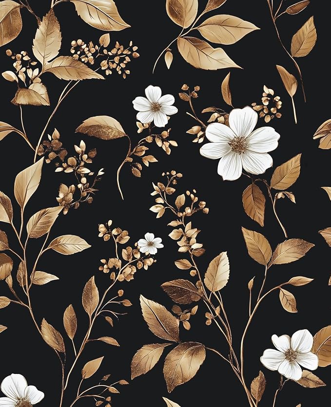 Extra Long Vintage Gold Wallpaper, 17.5" x 393" Classic Black and Gold Floral by VOLEAARWALLPAPER
