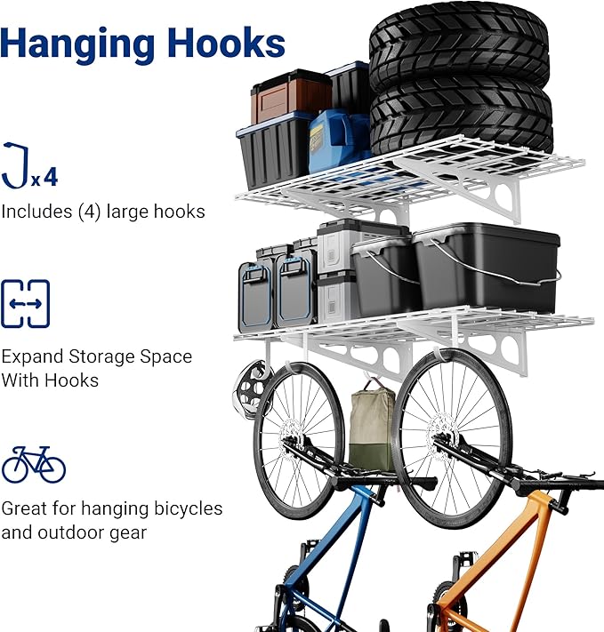 LEXIMOUNTS 2-Pack 2x4ft Garage Shelving with Hooks, 24-inch-by-48-inch Wall Shelf Garage Storage Racks Floating Shelves, White