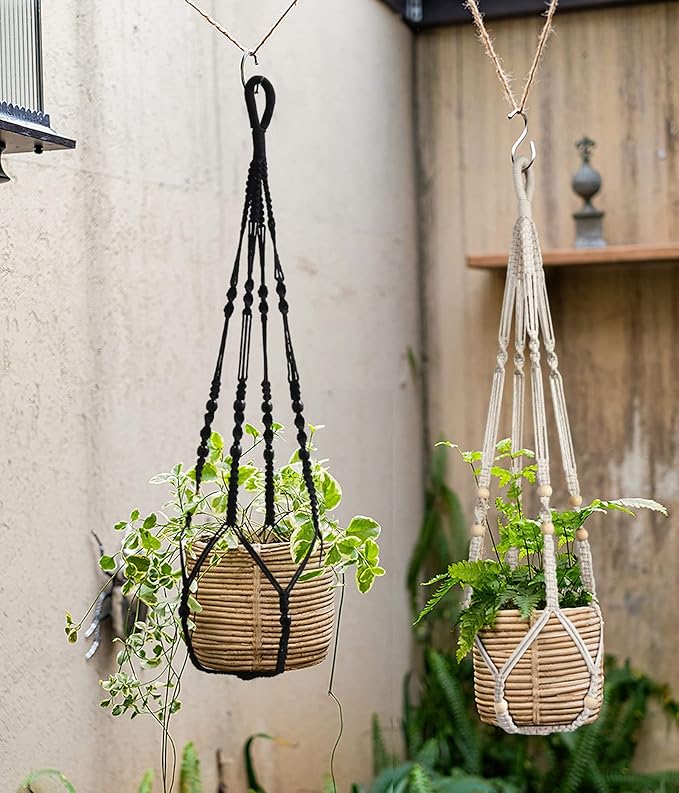Macrame Plant Hanger Indoor Hanging with Wood Beads Macrame Planters No Tassel for Indoor Outdoor Boho Home Decor 35 Inch (Black,2pcs)