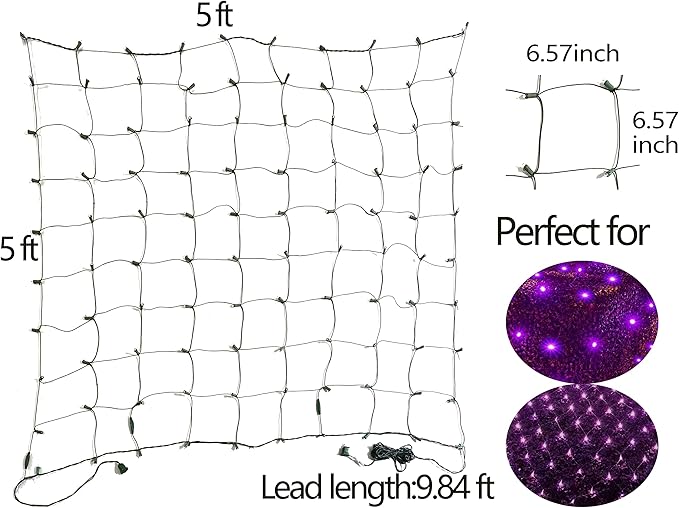 HISHINY Halloween Lights Outdoor,100LED 5ftx5ft Purple Net Lights with Connectable, Waterproof,UL Certified and Durable Green Wire Design for Bushes,Trees, Outdoor Indoor Party Decorations(Purple)
