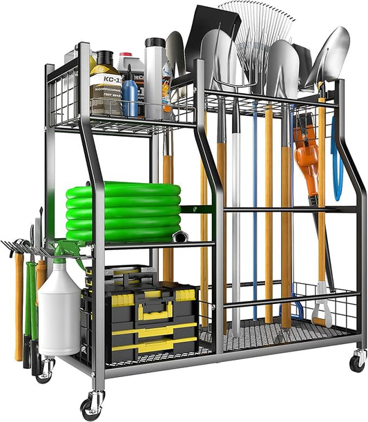 EVERHANGER Garden Tool Organizer Stand, Garage Tool Storage Organization, Yard Tool Racks with lockable wheels, Fit for Long-Handled Tools/Rakes/Brooms