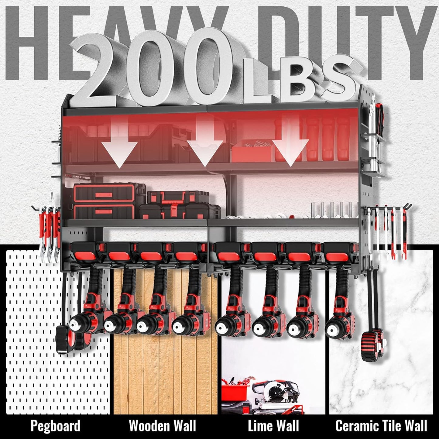 Power Tool Organizer Wall Mount, Metal 4 Layer Heavy Duty Metal Power Tool Storage Rack, Garage Drills Storage Shelves with Screwdriver Holder Plier Holder (Black, 8 Drills Holder)