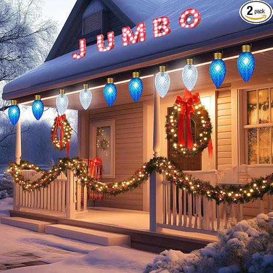 2 Pack 11Feet 5 LED Super Jumbo Christmas String Lights or Pathway Marker Lights, Outdoor Xmas Decorations- Jumbo C9 Hanging Lights Waterproof Lawn Dec for Holiday Home Tree Roof Yard, Blue ＆ White