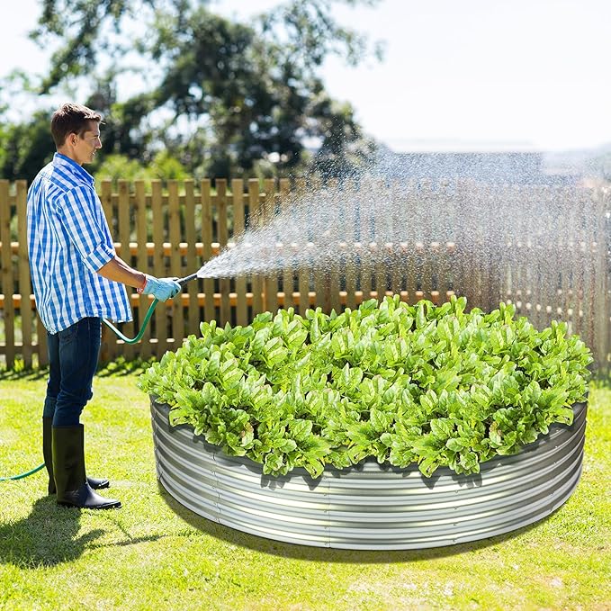 OUSHENG 5x5x1ft Round Galvanized Raised Garden Beds Outdoor, Steel Fire Pit Ring Flower Planter Large Metal Above Ground Boxes Kit for Gardening Vegetables Outside