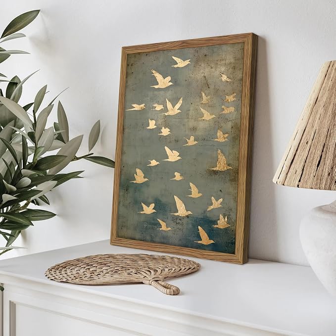 Framed Flock of Birds Canvas Wall Art, Vintage Minimalist Abstract Landscape - Image 4