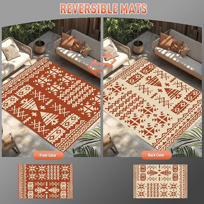 WILDROOTS 8x10 Feet Plastic Exotic Red Outdoor Rug, Stain Resistant Waterproof Reversible Outdoor Patio Rug, Fade Resistant Camping Rug