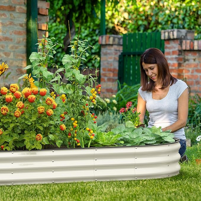 Oval 8x4x1 FT Galvanized Raised Garden Bed Kit, 3 in 1 Large Metal Garden Bed Raised Planter Box, 12” Raised Beds for Gardening Vegetables Flower Herb(Pearl White)